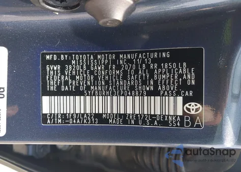 2014 Toyota Corolla Le Premium from USA, damaged, VIN 5YFBURHE3EP048879